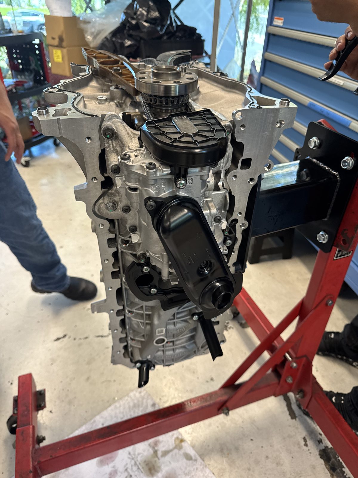 Assembled S58 long block on the engine stand
