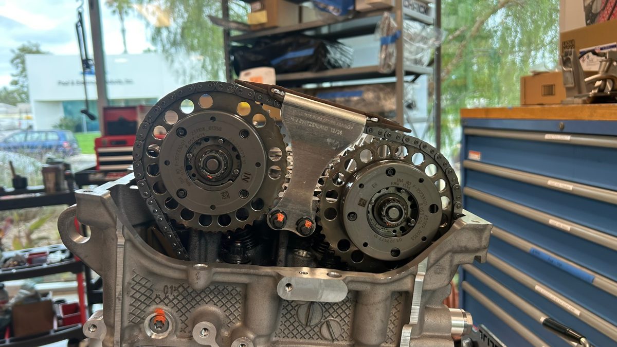 S58 VANOS timing gears and chain drive with lightening holes